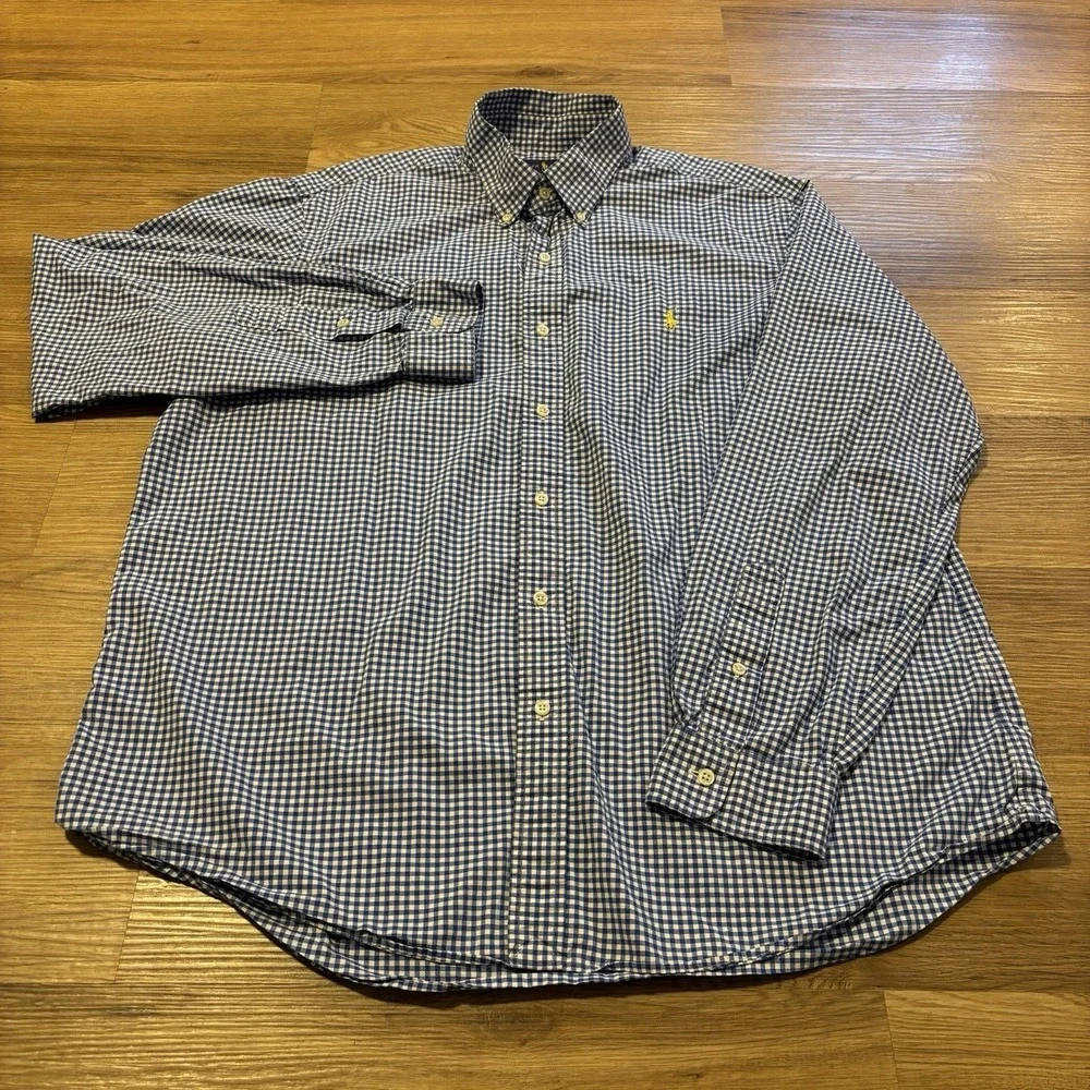 Polo Ralph Lauren Shirt Classic Cotton Stretch Mens XL Blue Gingham Check Pony